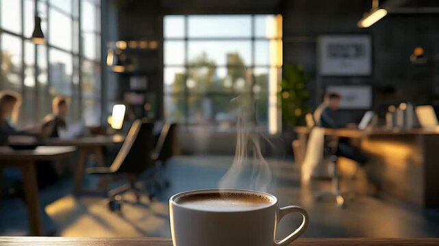 Warm sunlight illuminates a modern office space where coworkers collaborate on projects, while a steaming cup of coffee sits invitingly on a wooden table in the foreground