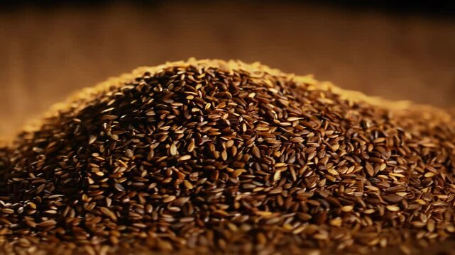 Low-key, pan-right video of dark brown teff grains displaying their tiny size, smooth texture, evenly spread, dim lighting creates warm atmosphere, emphasizing richness