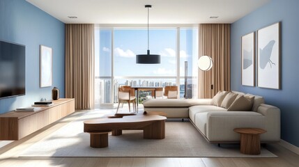 Fototapeta premium Bright living room showcases modern furniture and a city view