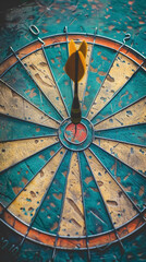 Dart hitting the bullseye on a target. Symbol of success, achievement, and accurate aim. Competition, sport, and goal setting. Close-up, detailed image.
