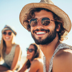 portrait of a young man in a summer hat and glasses smiling 
