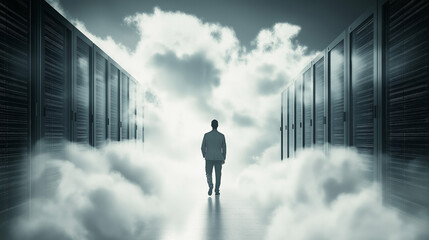 A lone man stands in the clouds as a majestic gate slowly opens into the endless sky beyond.
