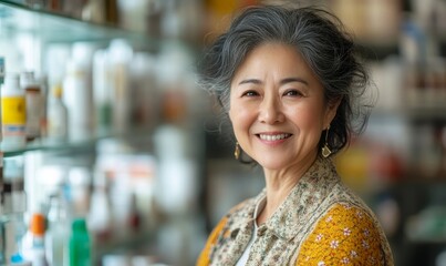 Portrait of a cheerful mature Asian pharmacist working at a pharmacy