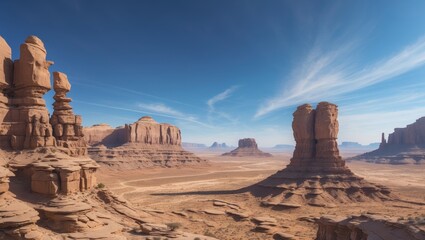 Fototapeta premium Panoramic view of arid desert landscape with rock formations and clear blue sky Copy Space.