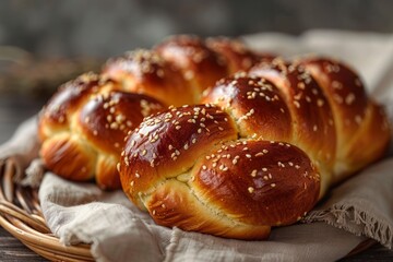 Golden challah loaf with sesame on rustic cloth. Neural network AI generated