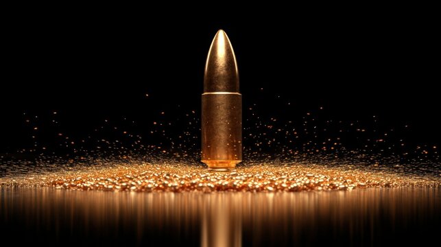 Golden bullet, dark studio, gold dust, impact, firearm concept