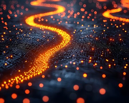 Surreal Digital Currency Flowing Through Circuits Symbolizing Blockchain and Convergence in Finance