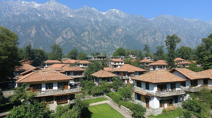 Mountain village houses, Himalayan landscape, scenic view, tourism