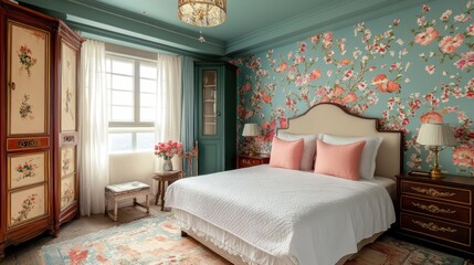 Elegantly decorated bedroom showcasing floral wallpaper and antique furniture pieces