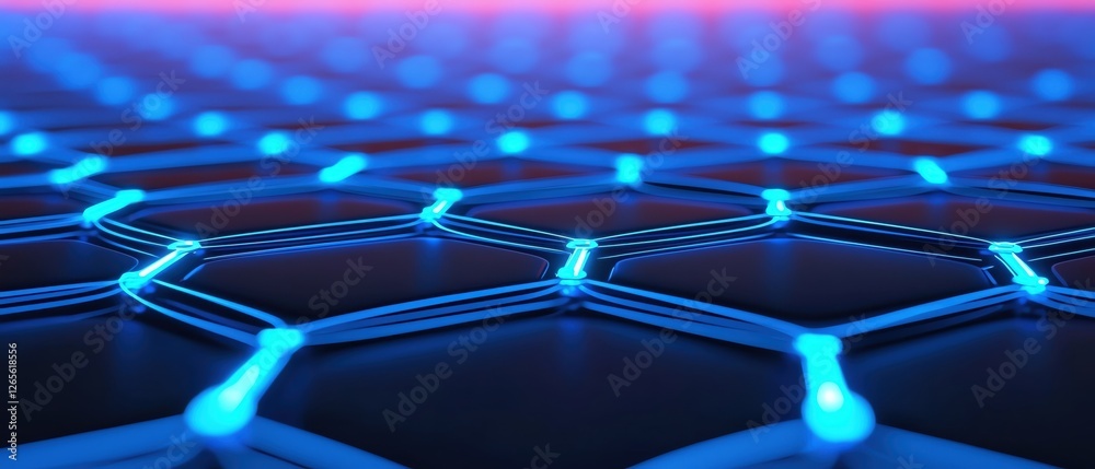 Poster abstract representation of a futuristic hexagonal network with glowing nodes.