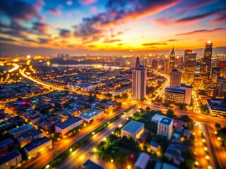 Obraz premium Blurred Evening Cityscape Drone Photography Bokeh Lights Aerial View