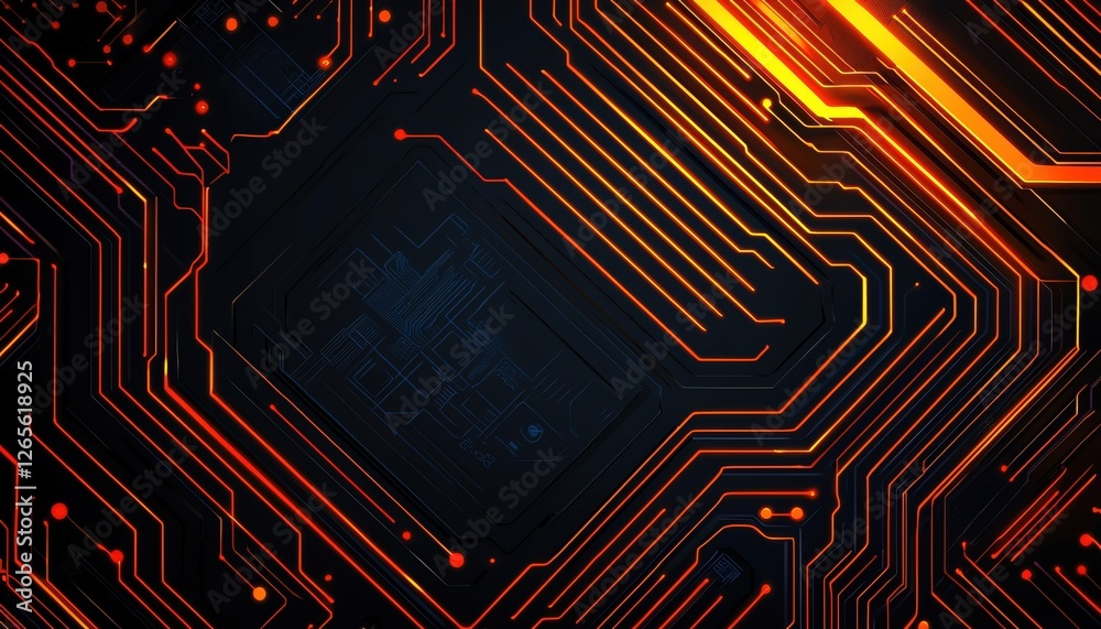 Poster abstract tech background with glowing circuit lines in orange and black hues.