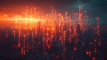 Fototapeta premium Glowing Financial Graphs Climbing Futuristic Skyscrapers Symbolizing AI Driven Profitability in Business