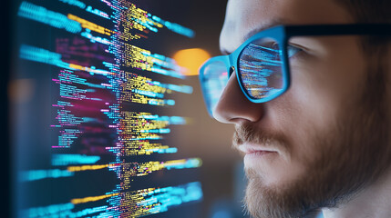 Close up of a developer debugging AI code on a transparent futuristic digital interface featuring artificial intelligence cybersecurity and machine learning in a high tech innovation environment