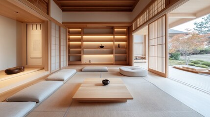 Fototapeta premium Serene japanese interior featuring minimalist design and natural light