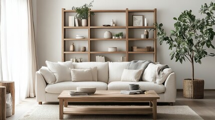 Obraz premium Bright living room showcases comfortable sofa and wooden shelving