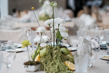 Fruit and flowers on table design for luxury wedding reception
