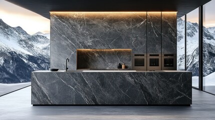 Modern mountain kitchen interior with granite countertops, panoramic views