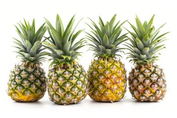 Four pineapples on solid white background. Neural network AI generated
