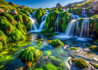 Obraz premium Bokeh Waterfall Cascading over Slimy Seaweed Valley - Stunning Nature Photography