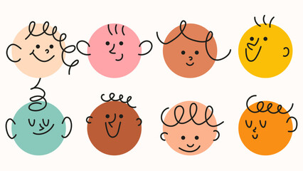 Cute doodle face set. Diferrent funny faces stickers. Modern isolated vector illustration.