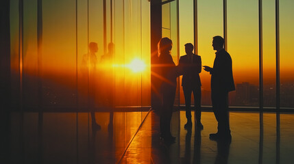 Fototapeta premium Silhouettes of four businesspeople standing and talking in a glass-walled office at sunset, with golden sunlight and reflections filling the space.