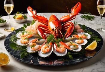 elegant vibrant seafood display artfully arranged polished marble surface showcasing fresh catches brilliant colors, crab, shrimp, fish, shellfish, platter