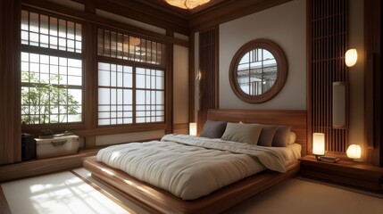 Obraz premium A beautifully decorated bedroom showcases japanese style and design elements