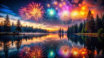 Fototapeta premium Breathtaking Fireworks Double Exposure: Calm Lake Night Sky Spectacle