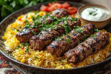Traditional Navruz Dish: Grilled Meat Skewers on a Bed of Rice (Festive Food, Cuisine, Culture)