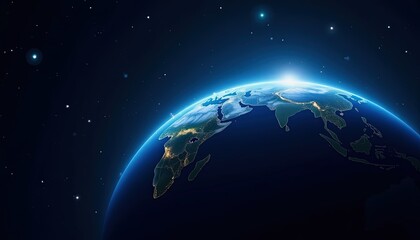 Naklejka premium View of Earth illuminated by sunlight from space showcasing continents and oceans against a starry background