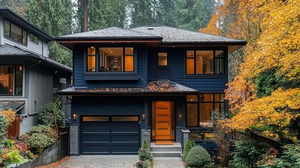 Modern navy home in autumn foliage