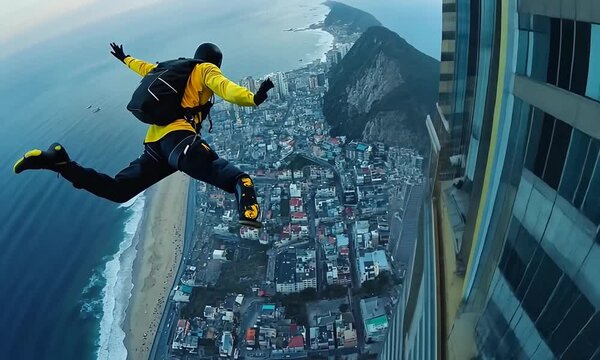 A daring base jumper leaps from a skyscraper, showcasing a stunning coastal cityscape below
