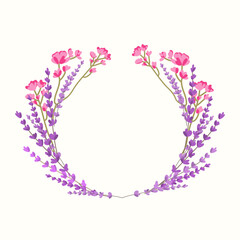 Elegant floral wreath made of lavender sprigs and pink wildflowers, creating a soft and romantic botanical frame. Vector illustration, perfect for invitations, greeting cards, and wedding designs