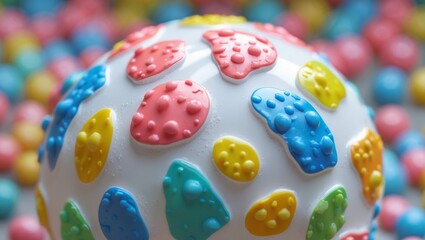 a close up view of a white ball with multicolored dots.