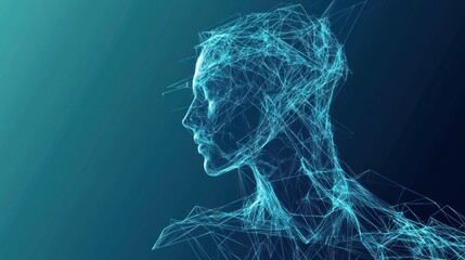 Abstract digital human head profile, teal wireframe.