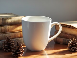 Blank White Coffee Mug on Table with Books and Pine Cone Decor