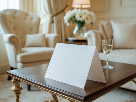 white color rectangular paper card table reservation mockup on a luxury hotel coffee table top and cozy interior setup with copy space