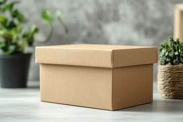 Eco-friendly Packaging Box Displayed Indoors Against a Neutral Background With Potted Plants. Generative AI