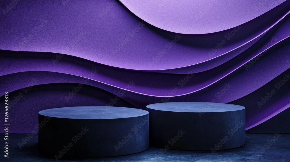 Poster two round podiums stand empty against a captivating purple wall, showcasing flowing shapes that add 