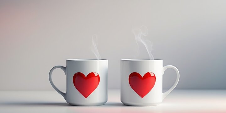 Two White Coffee Mugs with Red Hearts Valentines Day.