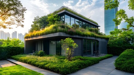 Eco Friendly Architectural Design with Lush Green Rooftop and Sustainable Features