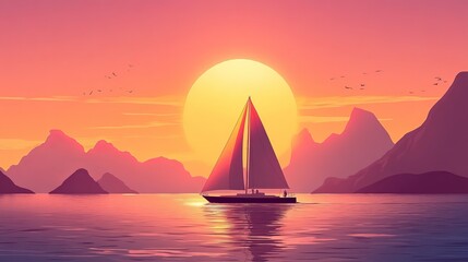 Sailor Gliding Across Tranquil Ocean Waters at Golden Sunset Beneath Vibrant Sky Filled with Warm Hues of Orange and Pink Creating a Serene and Adventurous Seascape Experience