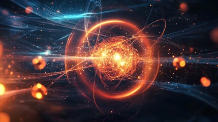 Obraz premium Glowing energy sphere with orbiting particles.