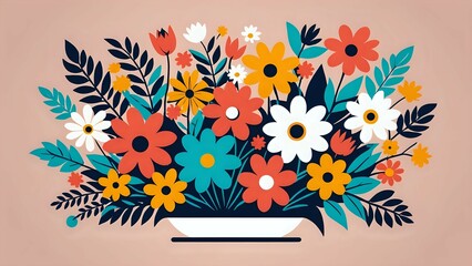 Obraz premium Vibrant floral bouquet in a minimalist pot, featuring stylized flowers and leaves in a bold color palette. Perfect for springtime greetings, home decor, or website backgrounds.