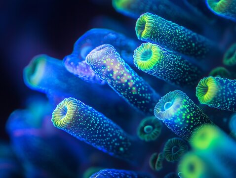 Exploring the intricate details of glowing rod-shaped bacteria with vibrant blue and green textures under microscopic view. Generative AI - Powered by Adobe