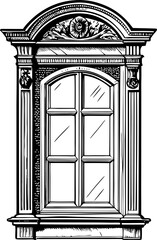 Detailed vintage ornate window illustration with classical architectural elements, arches, columns, and intricate design