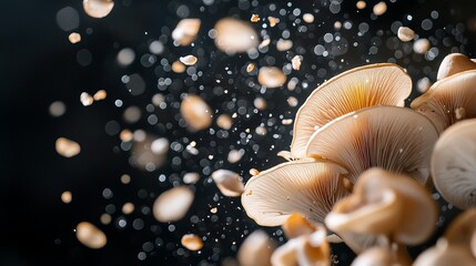 Mushroom spores dispersing into the air illuminated by soft light in a macro shot showcasing natural beauty. Generative AI