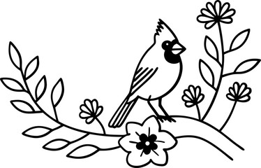 Cardinal perched on flowering branch, black and white illustration, nature art, botanical line drawing
