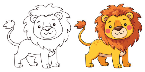 Lion Line Art Vector Outline Illustration Black and White with Coloring Sample